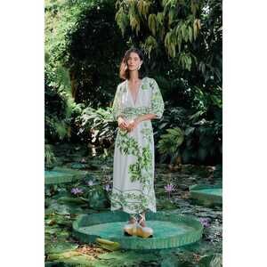 Off-White Green Floral Cascade LENZING™ ECOVERO™ Euroflax™ Midi Dress